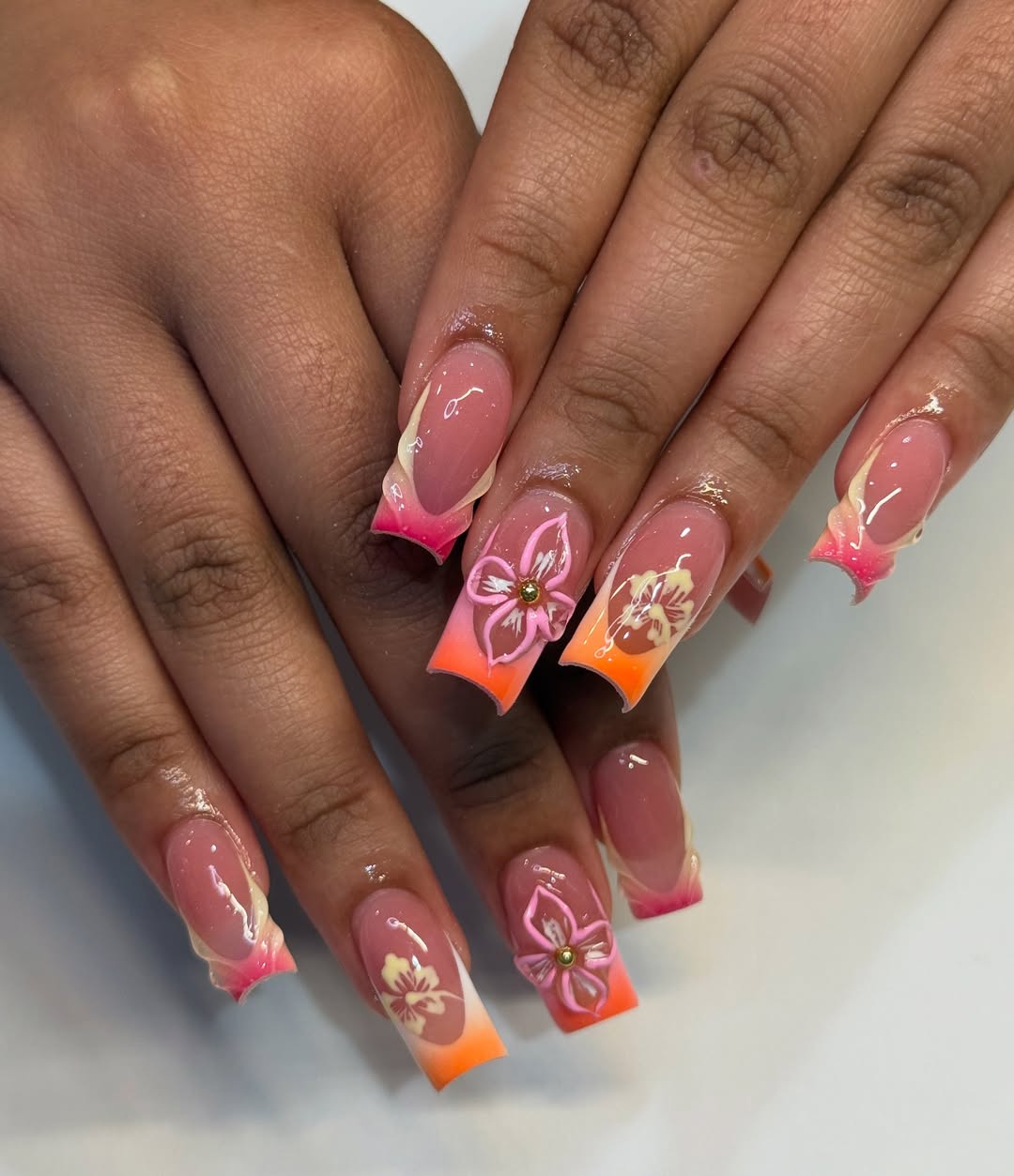 Tropical Sunset Ombré French 3D Flower Accent Nails