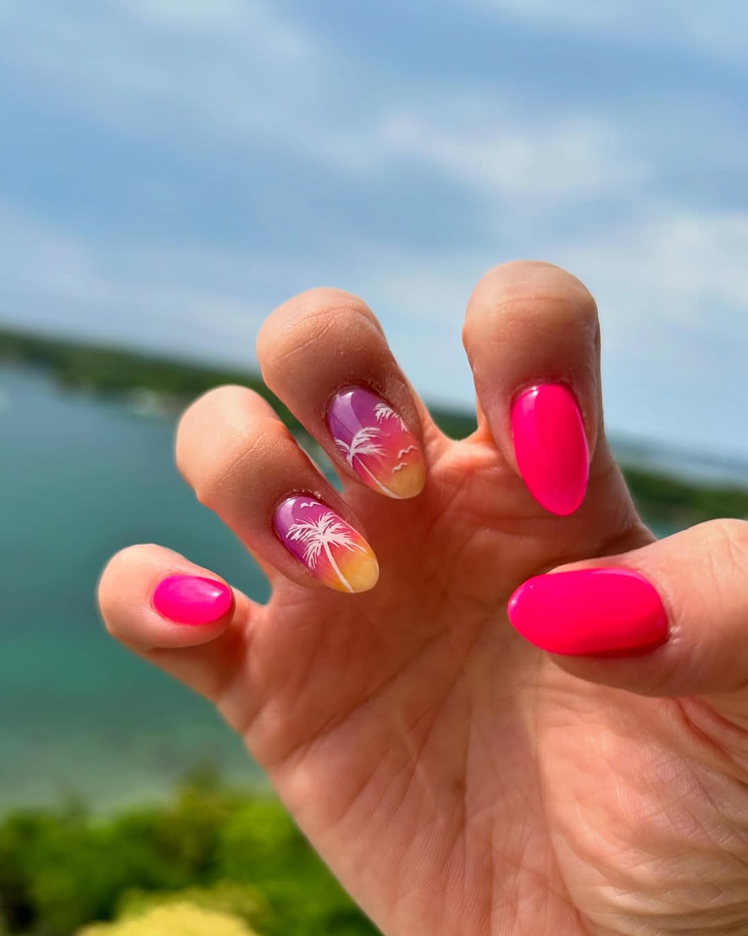 Tropical Sunset Palm Tree Ombre Almond Nails