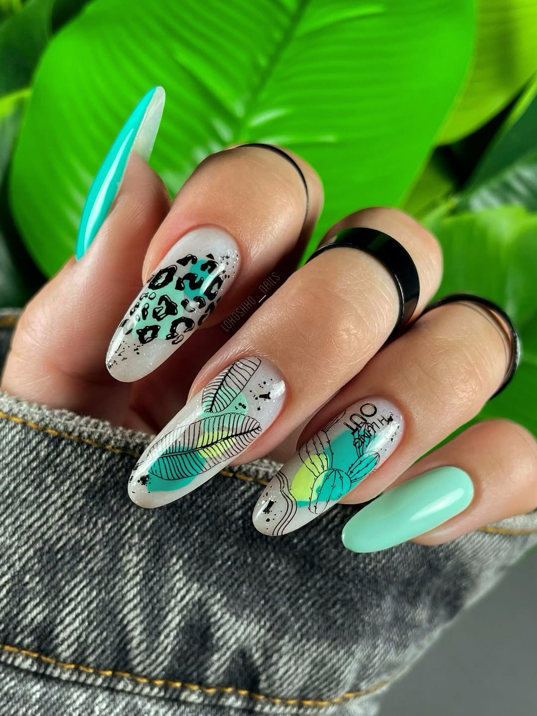 Tropical Teal Glitter Almond Nails with Leaf and Leopard Art