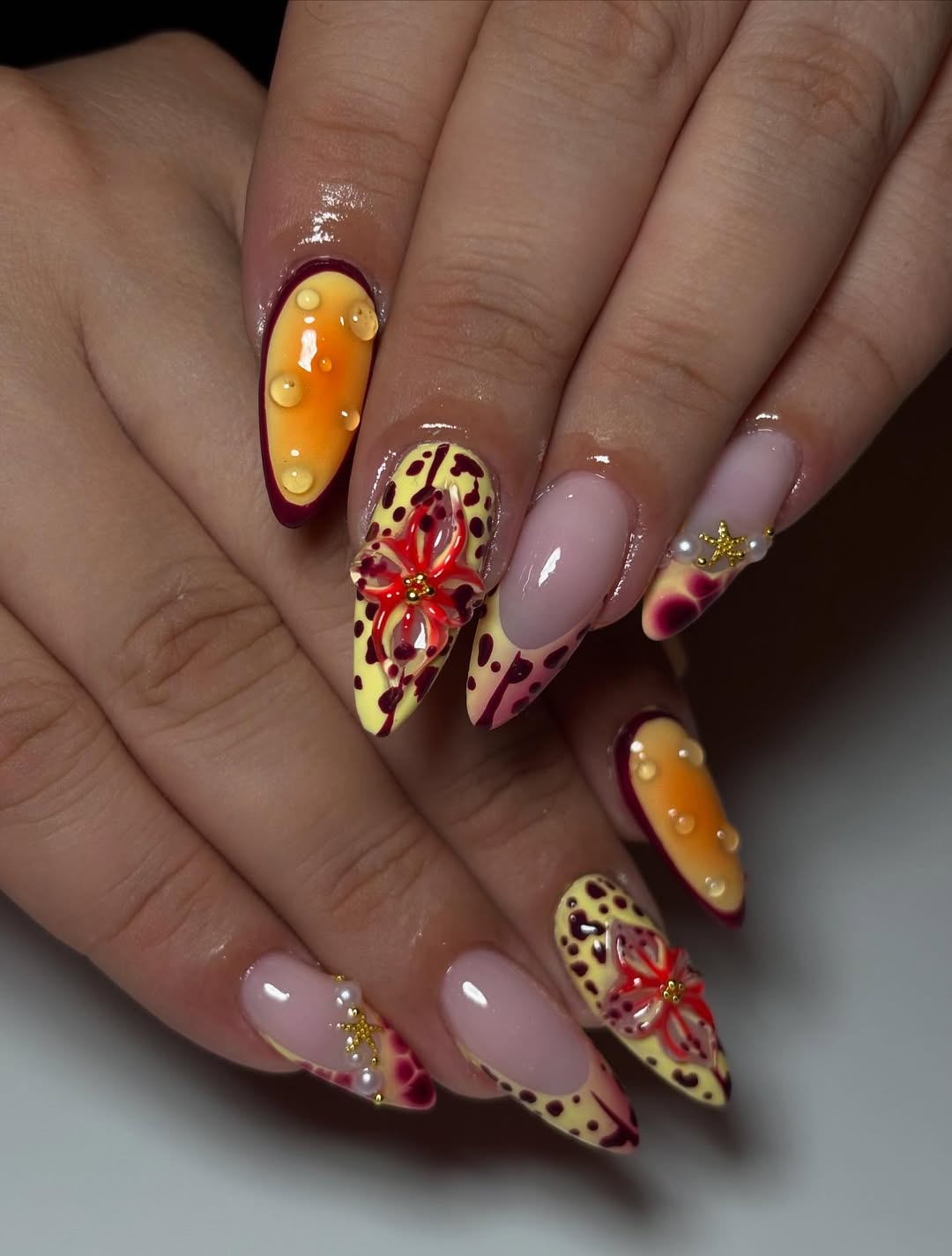 Tropical Water Droplet 3D Floral Stiletto Nails