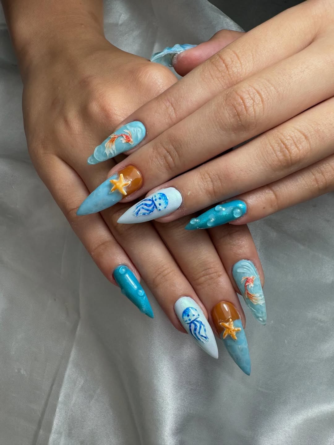 Under The Sea Blue Stiletto Nails With 3D Charms