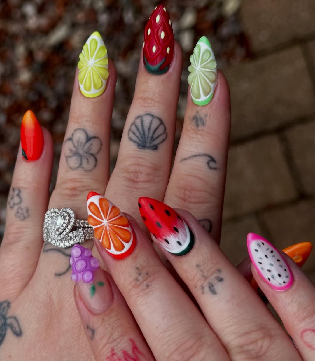 Vibrant 3D Fruit Salad Stiletto Nails