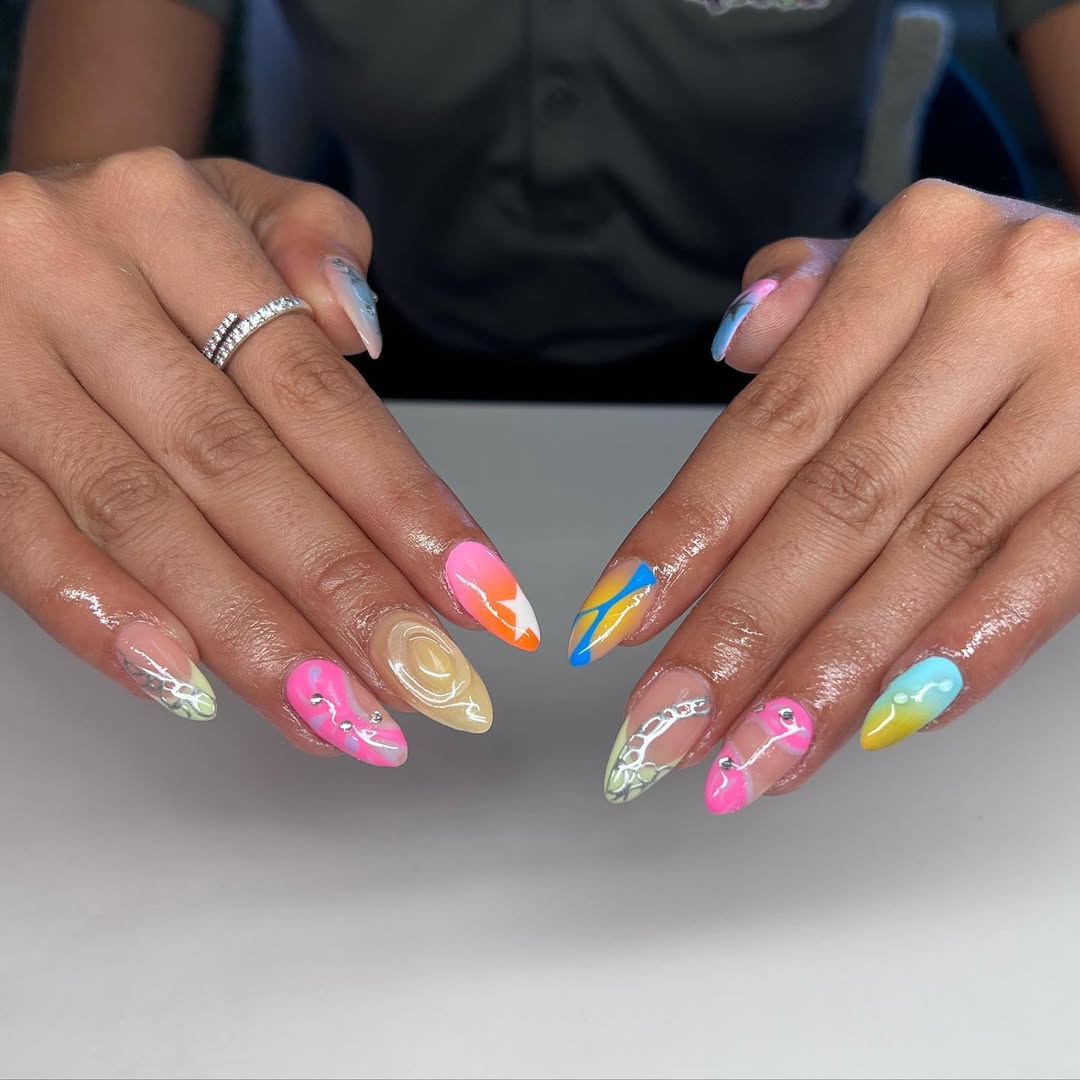 Vibrant Abstract Almond Nails with 3D Accents