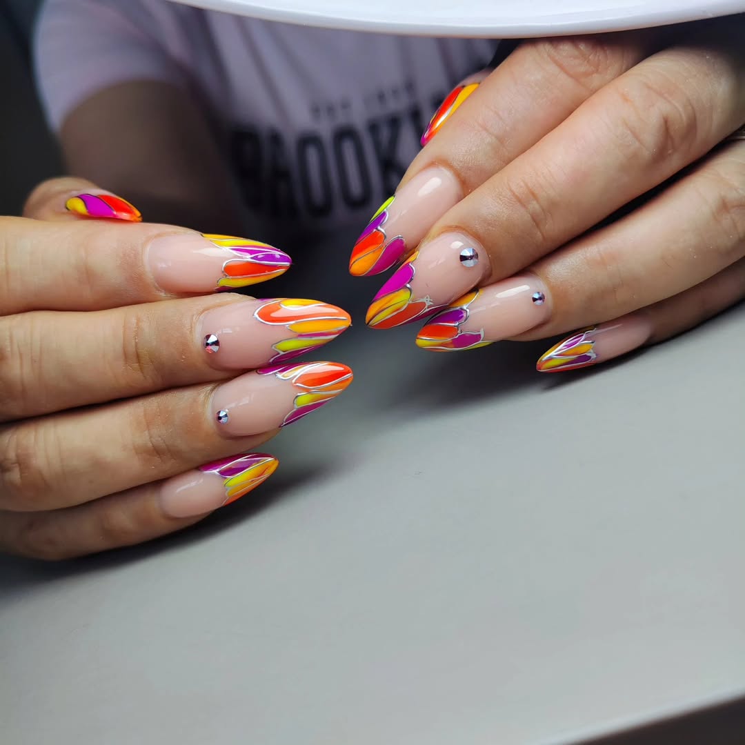 Vibrant Abstract Almond Outline Nails with Rhinestones