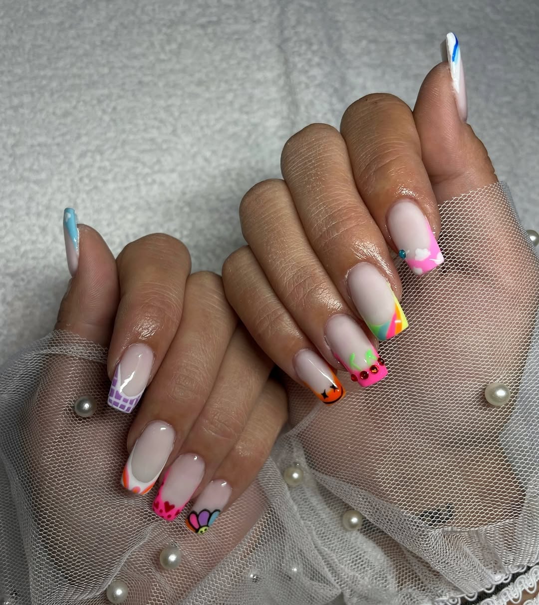 Vibrant Abstract French Tips With Whimsical Art