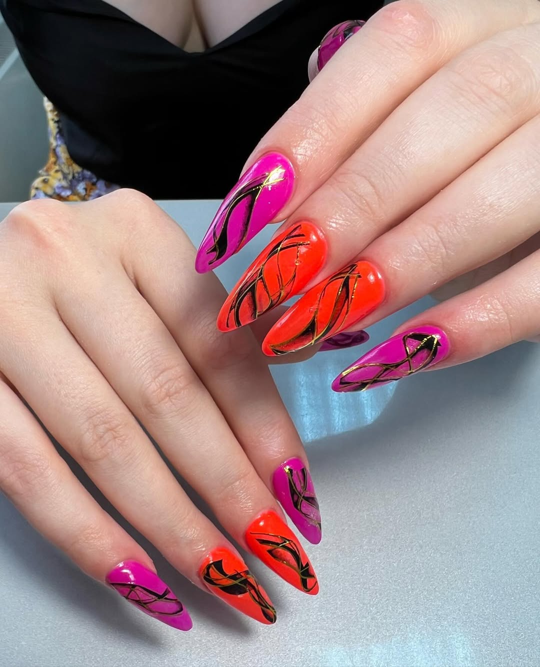 Vibrant Abstract Gold Swirl Stiletto Acrylics