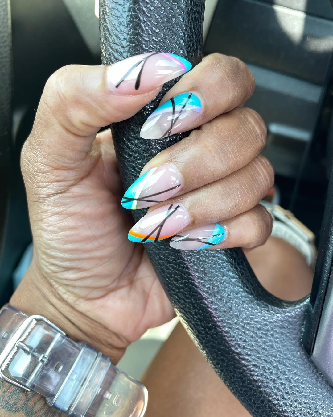 Vibrant Abstract Lines Almond Nails