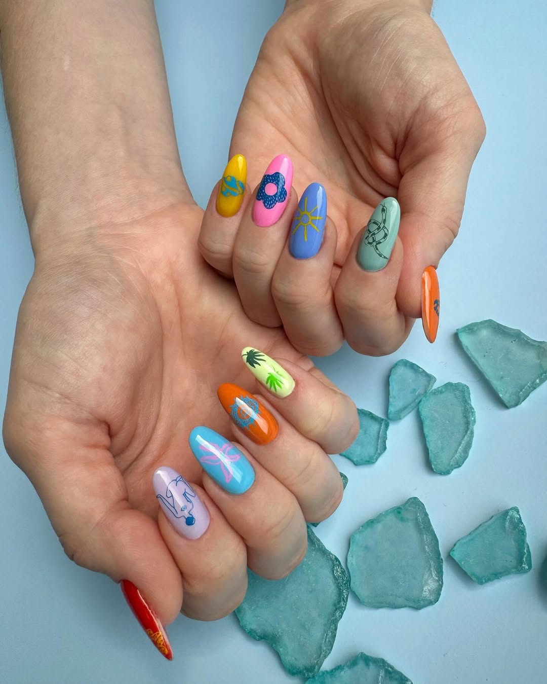 Vibrant Abstract Mismatched Summer Nail Art