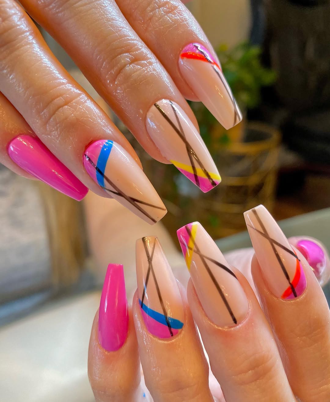 Vibrant Abstract Pink and Nude Coffin Nails