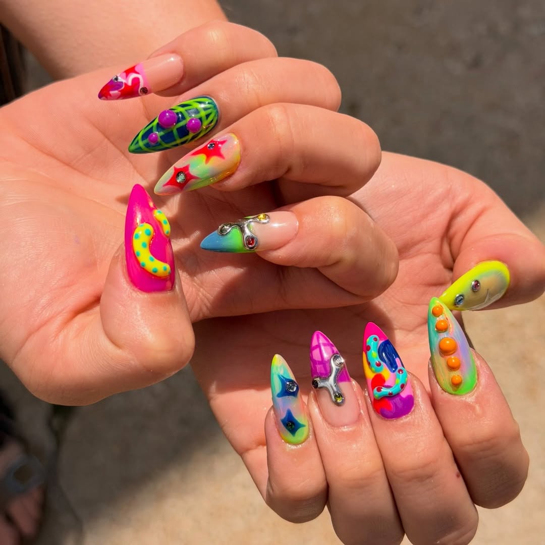 Vibrant Abstract Sculptural Stiletto Nails with 3D Charms