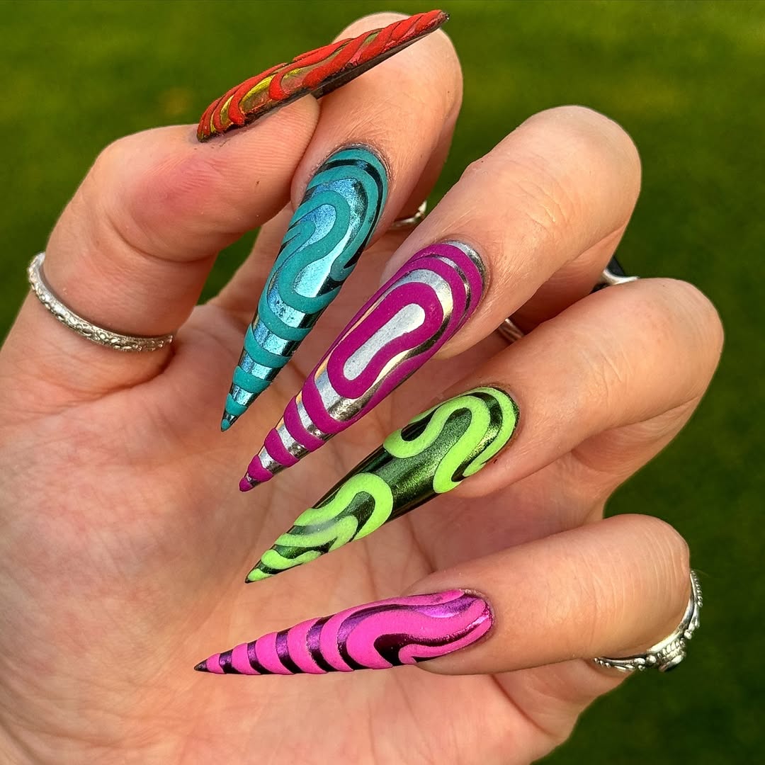 Vibrant Abstract Swirl Drip Stiletto Nails
