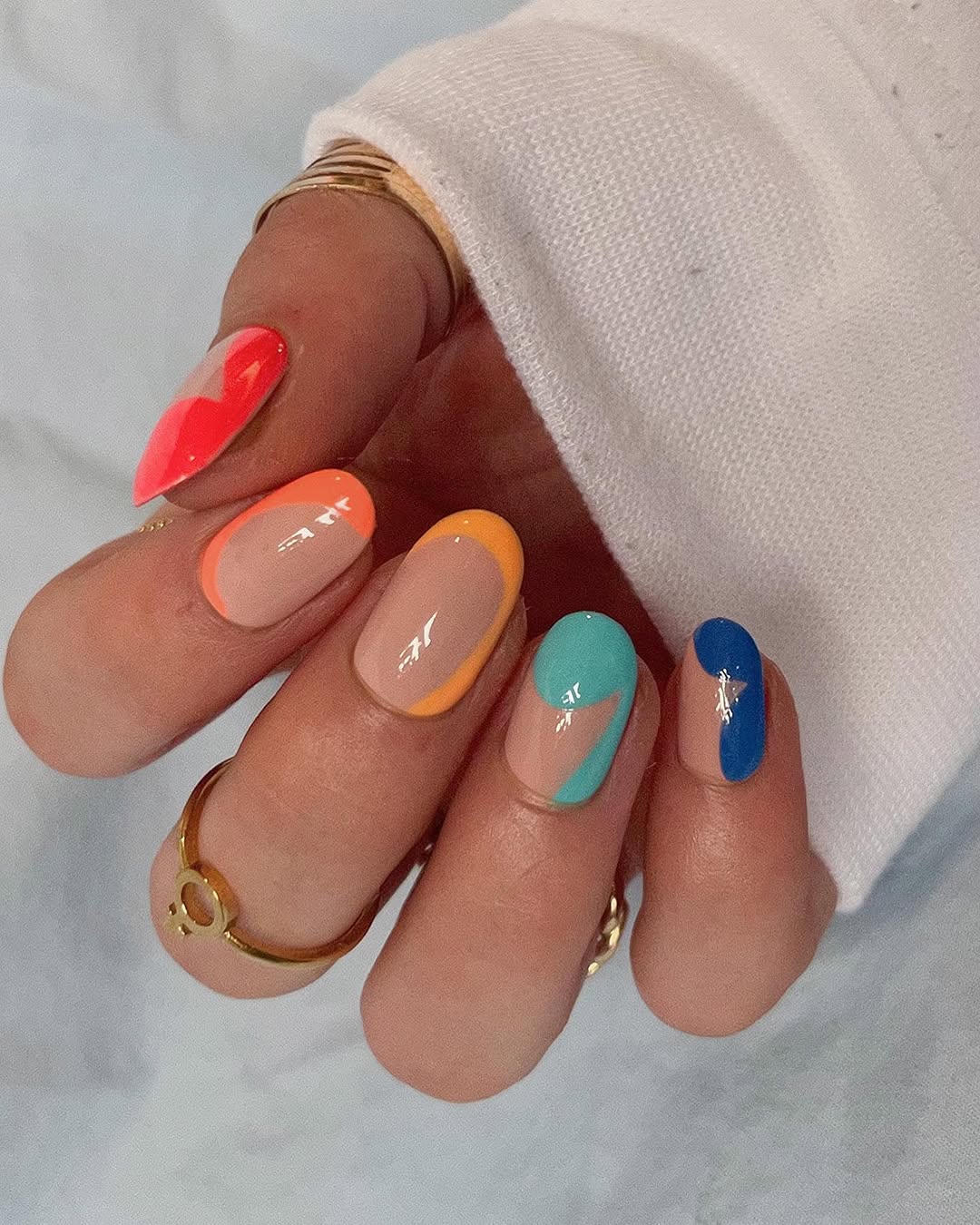 Vibrant Abstract Wavy French Manicure on Nude Base