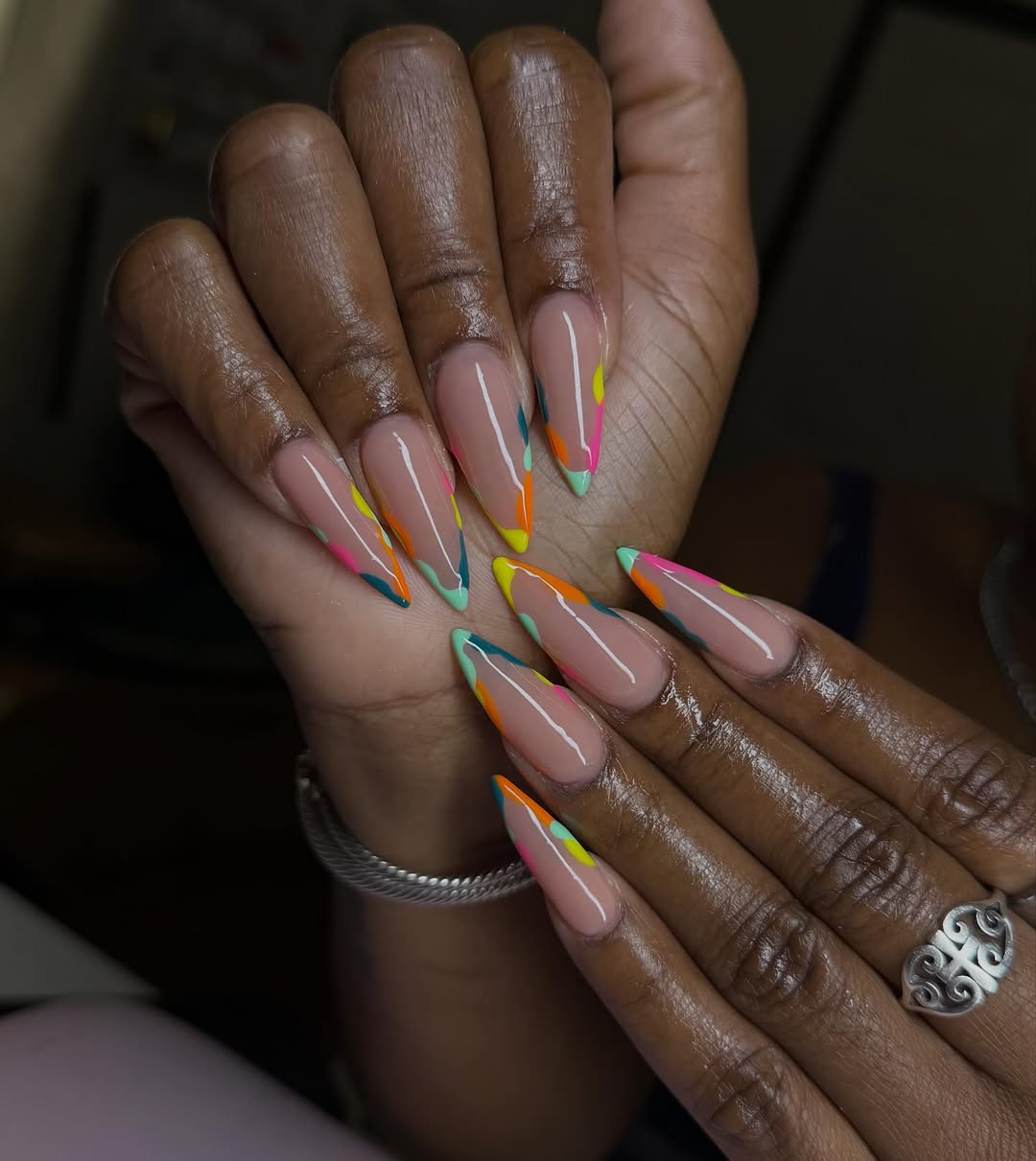 Vibrant Abstract Wavy French Tips Stiletto Nails