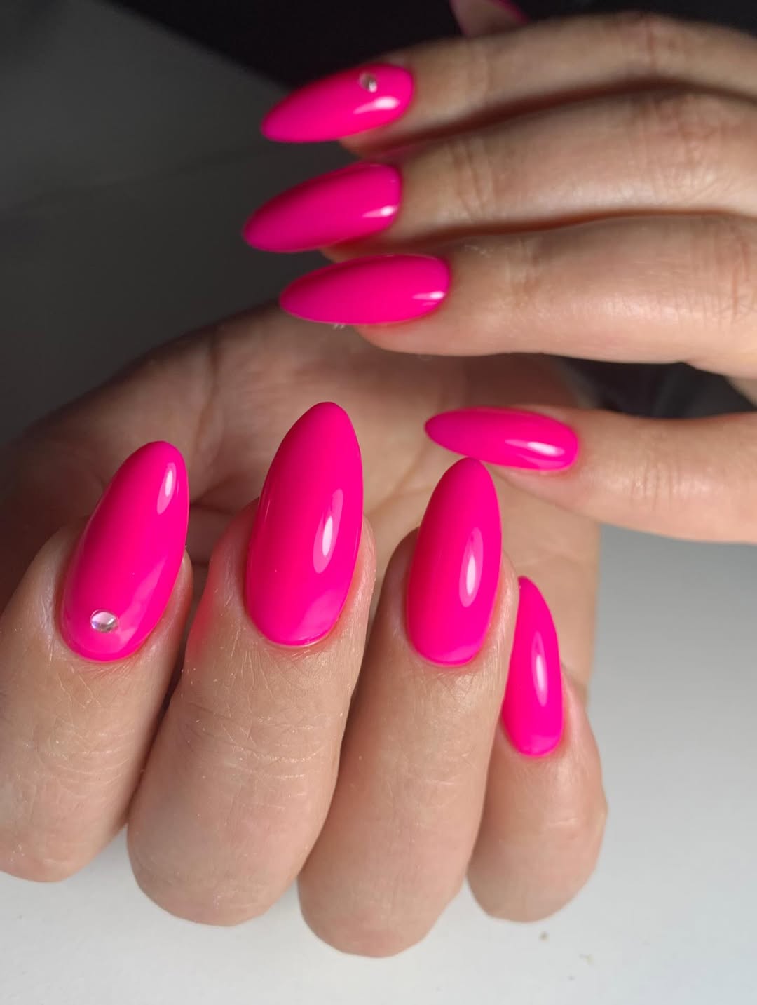 Vibrant Barbie Pink Glossy Almond with Rhinestone Accent