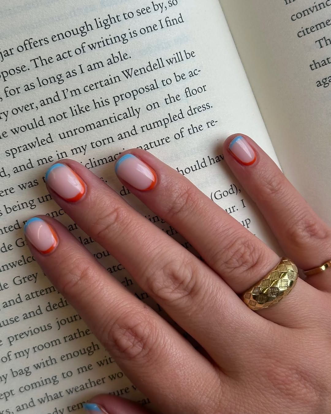 Vibrant Blue And Orange Double French Tips