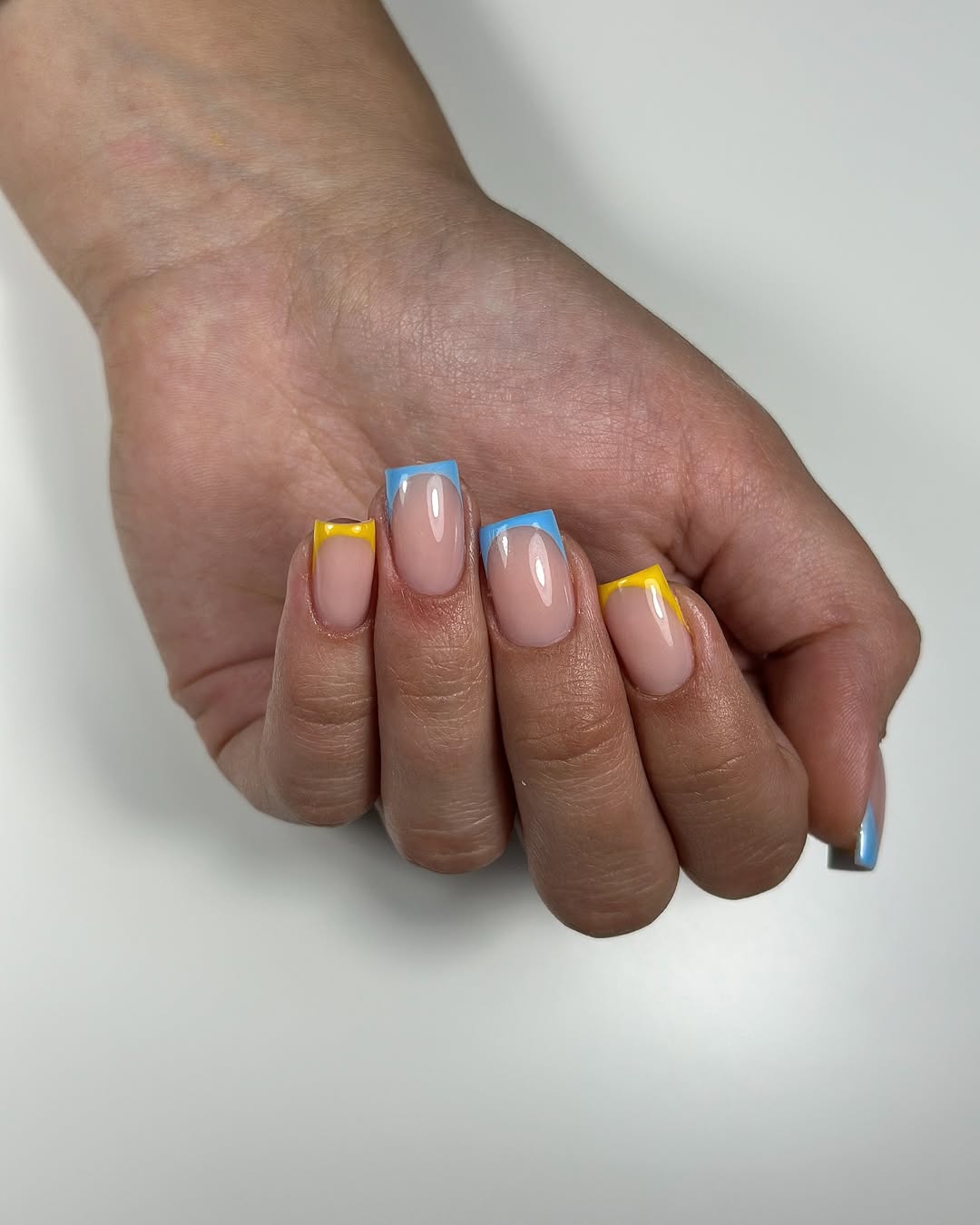 Vibrant Blue And Yellow French Tip Squoval
