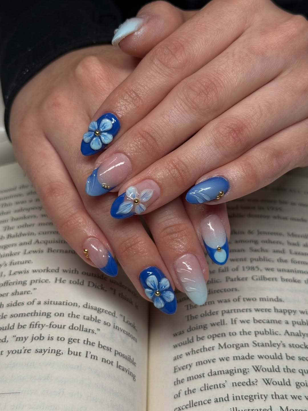 Vibrant Blue Floral Sculpted French Tips