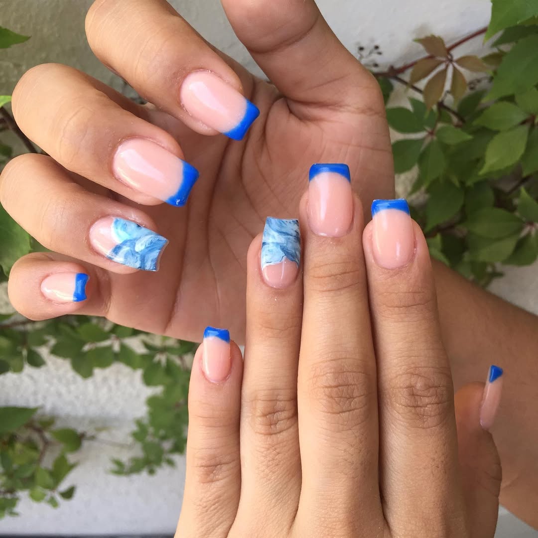 Vibrant Blue French Tip Marble Accent Nails