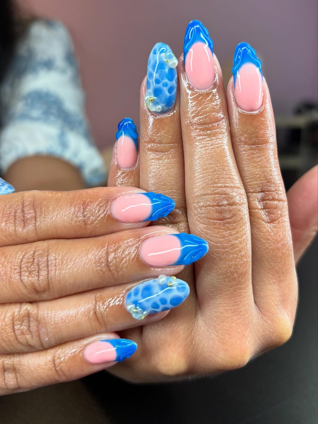 Vibrant Blue Jelly French Tips with Bubble Accents