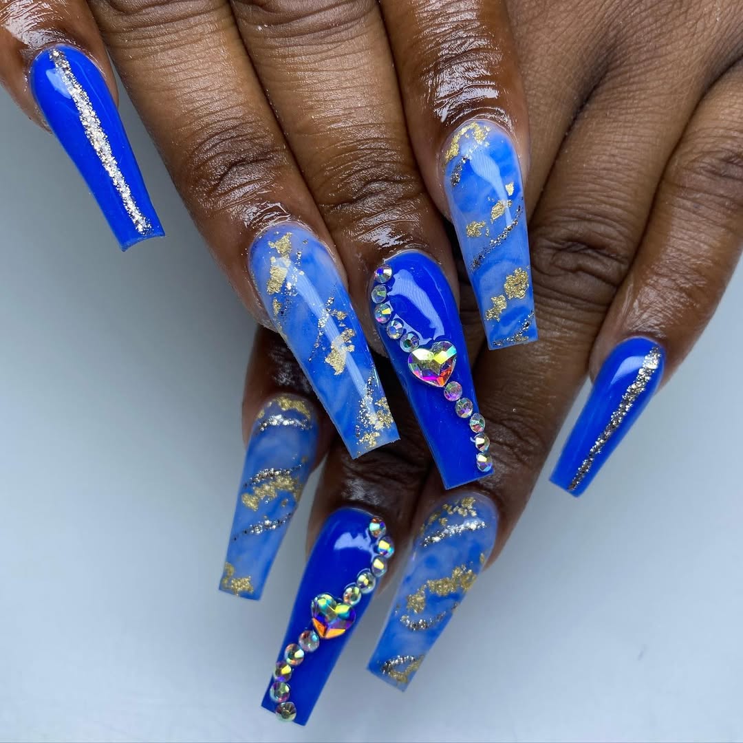 Vibrant Blue Marble and Rhinestone Coffin Nails