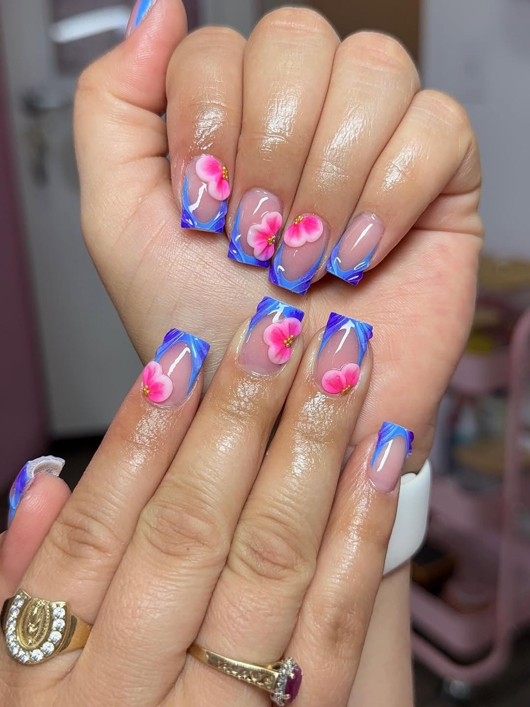 Vibrant Blue Swirl French With 3D Pink Flowers