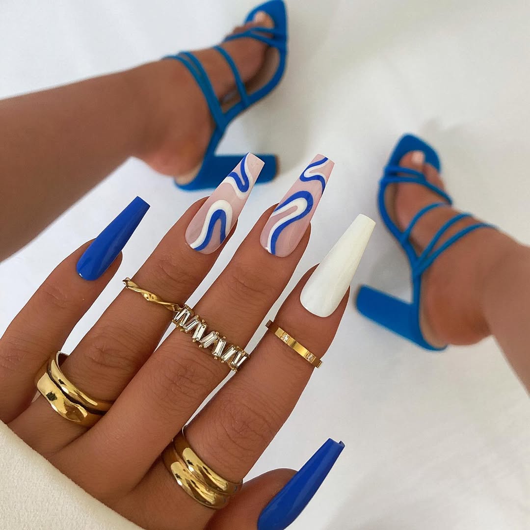 Vibrant Blue White Wavy Swirl Coffin Nails