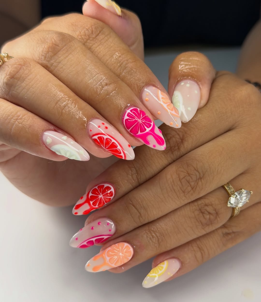 Vibrant Citrus Drip Almond Nails Colorful Fun