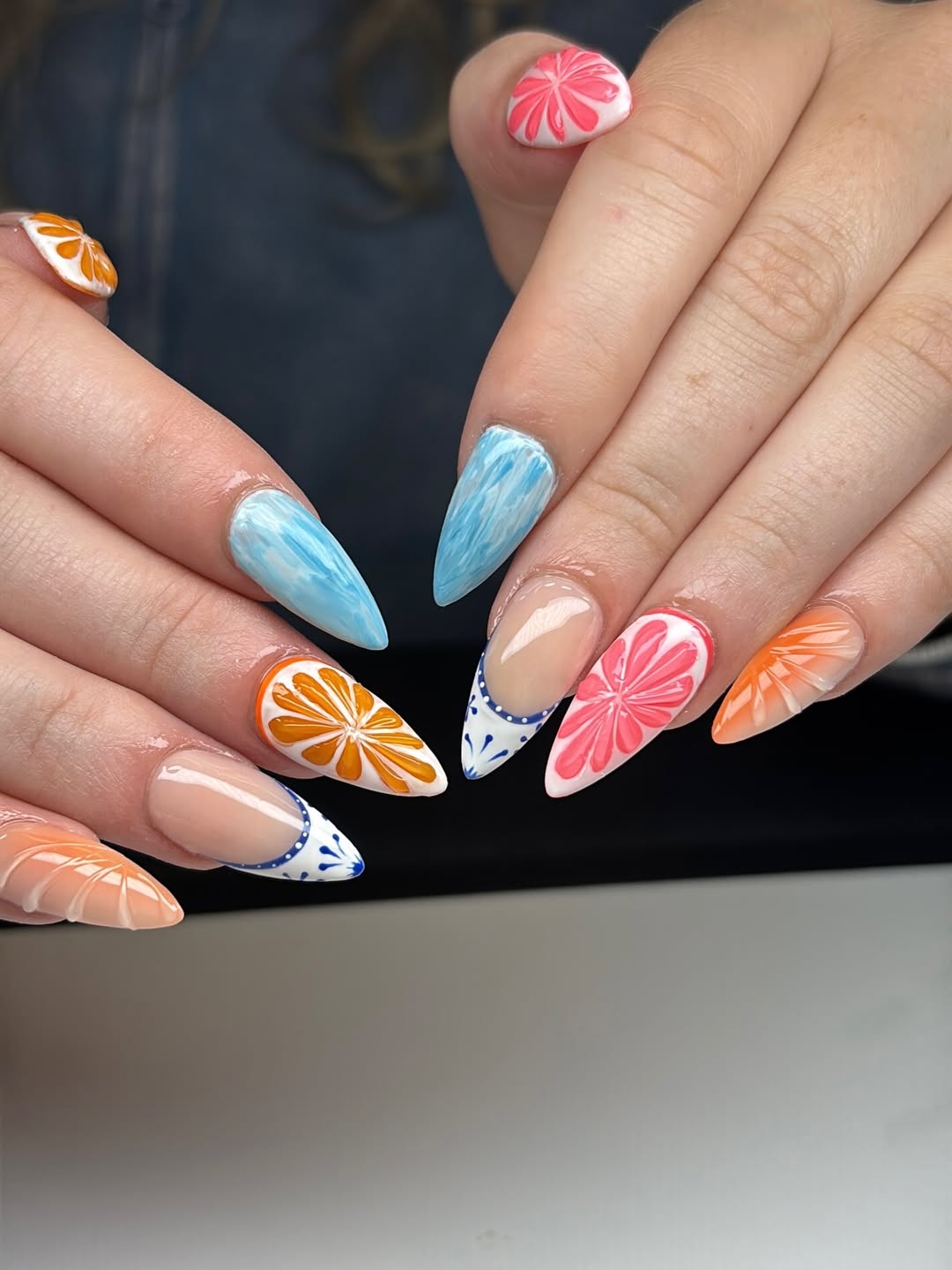 Vibrant Citrus Swirl Stiletto French Tips