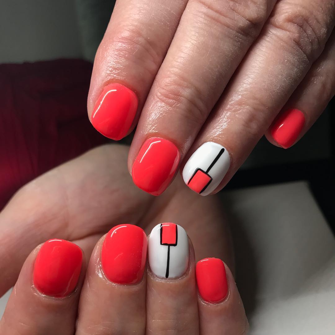 Vibrant Coral Abstract White Accent Nails