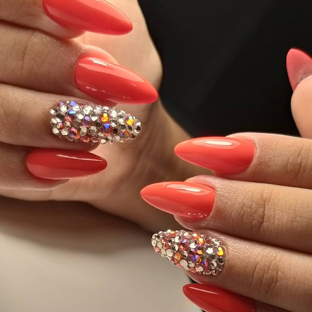 Vibrant Coral Stiletto Rhinestone Accent Nails