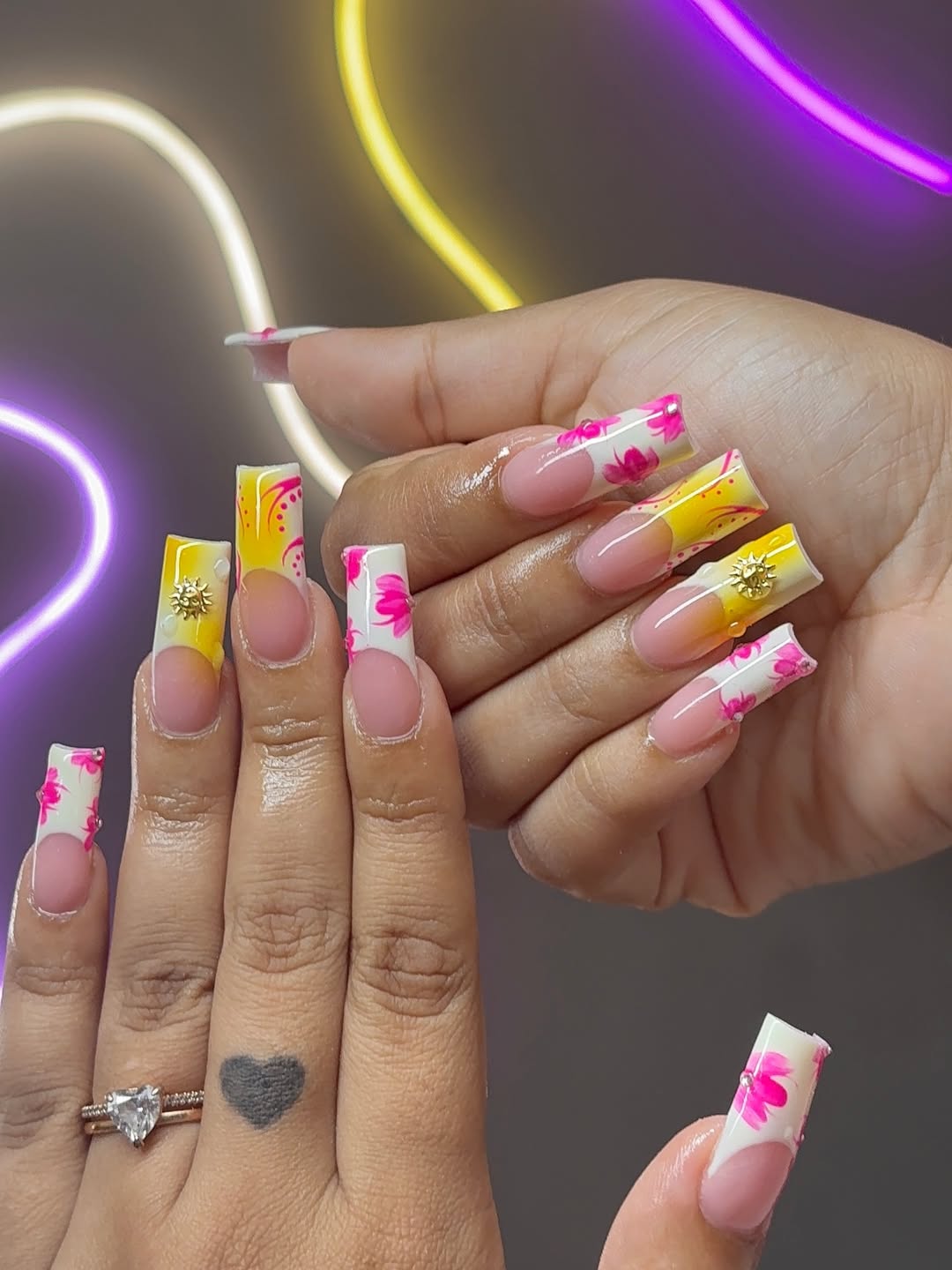 Vibrant Floral French Tip Long Coffin Nails