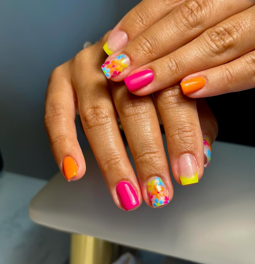 Vibrant Floral Neon French Squoval Summer Nails