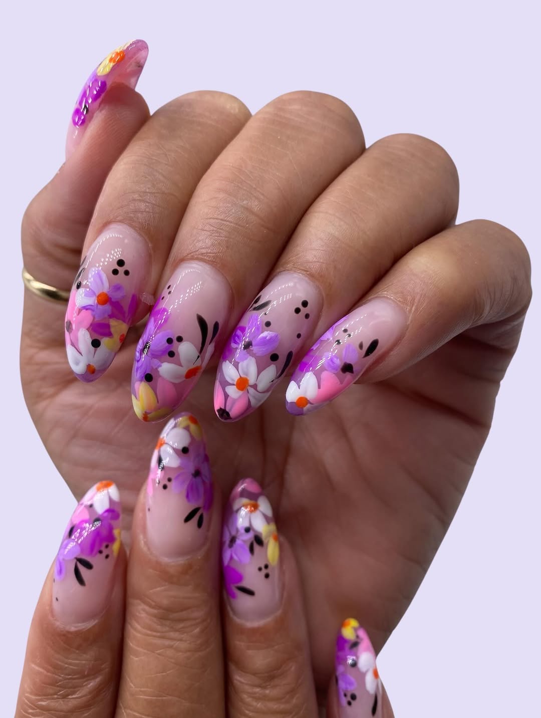 Vibrant Floral Overlay Long Almond Nails
