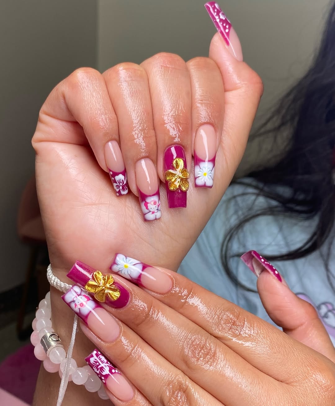 Vibrant Fuchsia French Tips With 3D Floral Accents