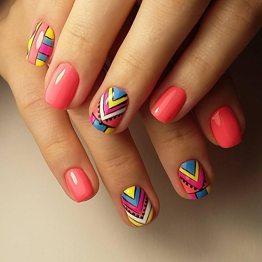 Vibrant Geometric Accent Summer Gel Nails