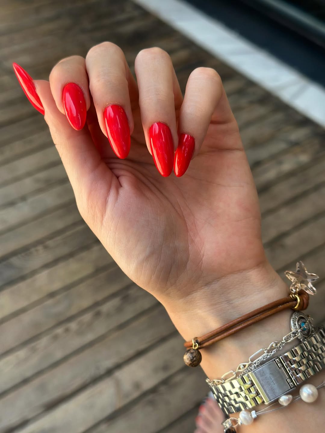 Vibrant Glossy Chili Red Almond Nails