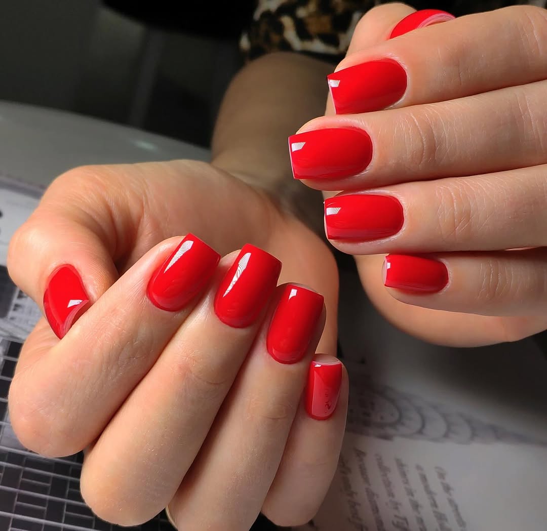 Vibrant Glossy Chili Red Short Square Nails