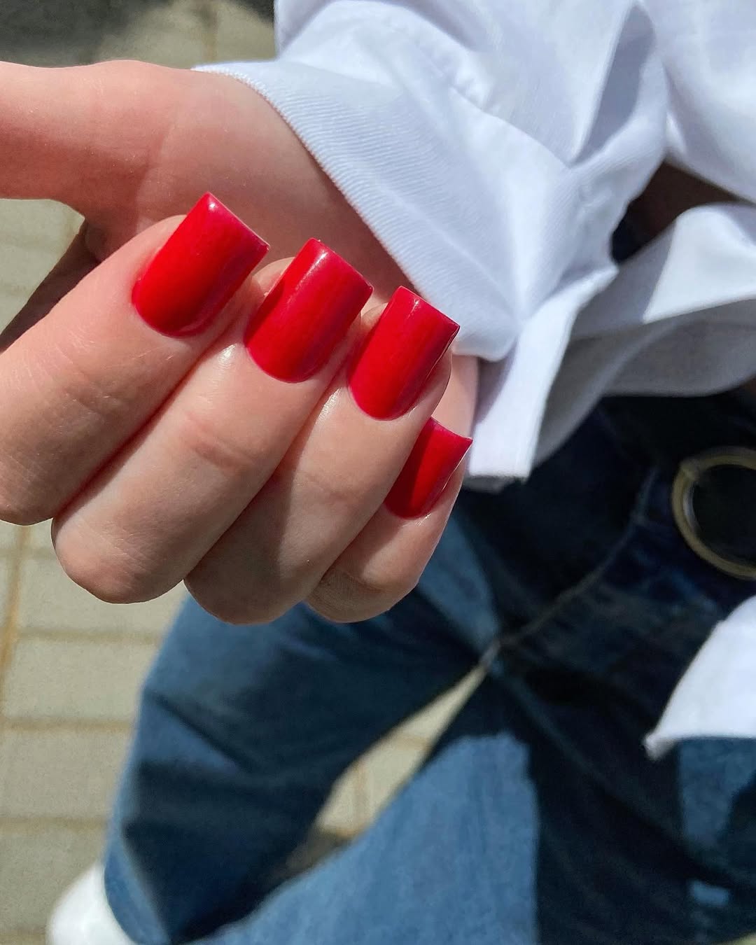 Vibrant Glossy Chili Red Short Square Nails