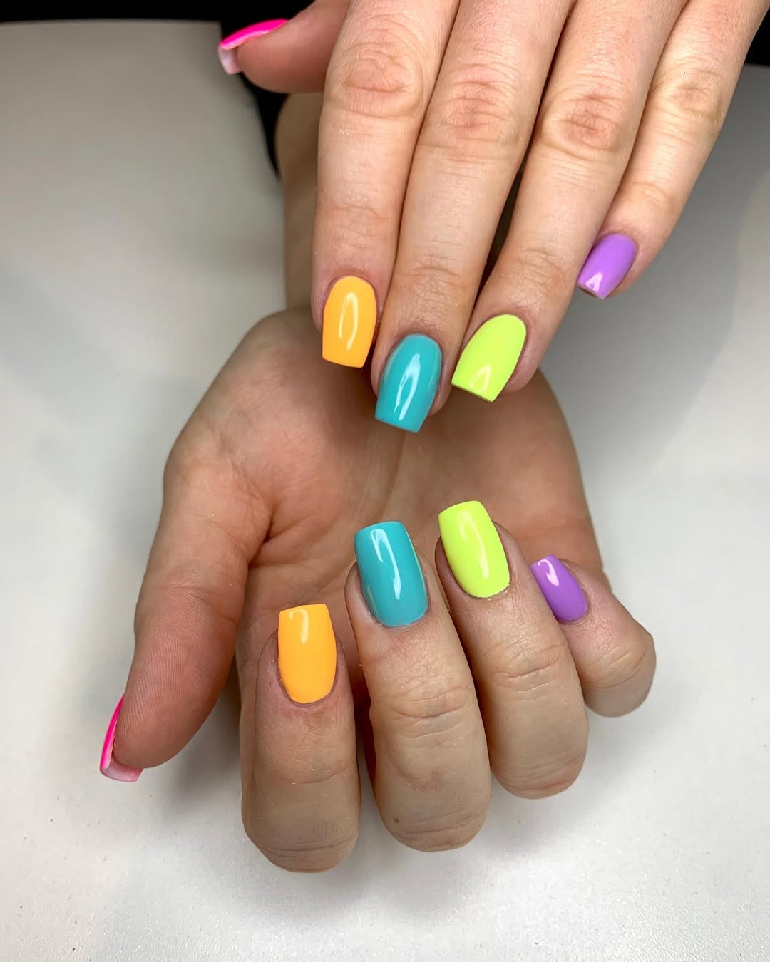 Vibrant Glossy Mismatched Pastel Short Square Nails
