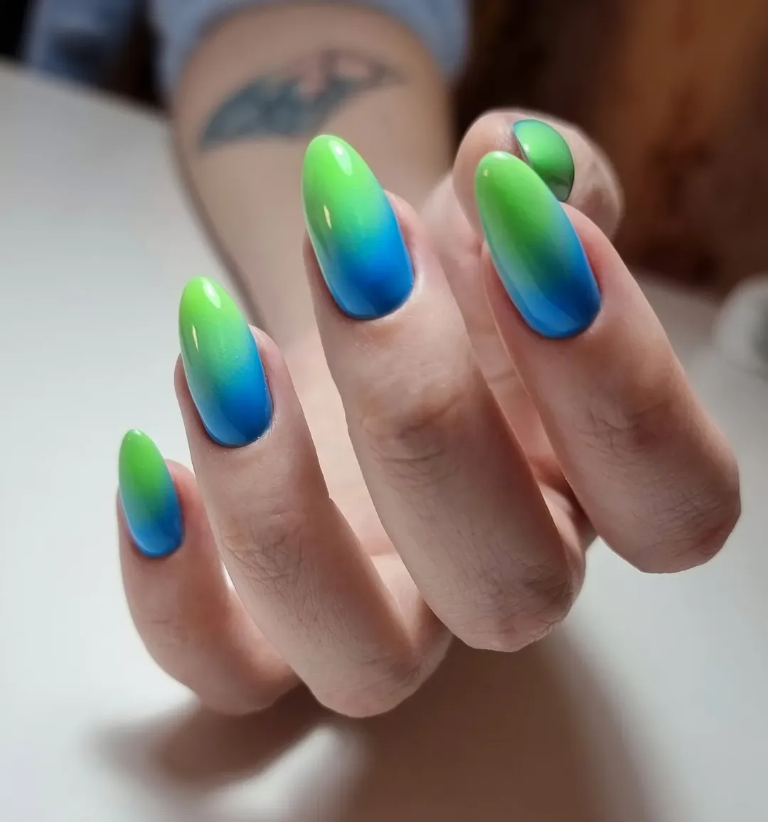 Vibrant Green Blue Ombré Glossy Almond Nails