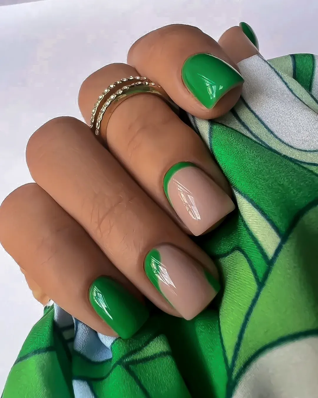 Vibrant Green Solid and Abstract French Manicure