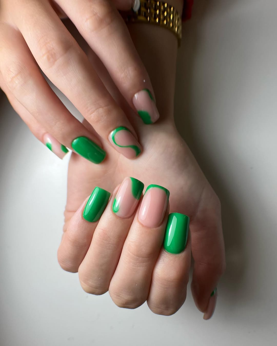 Vibrant Green Solid and Swirl Mix-and-Match Nails