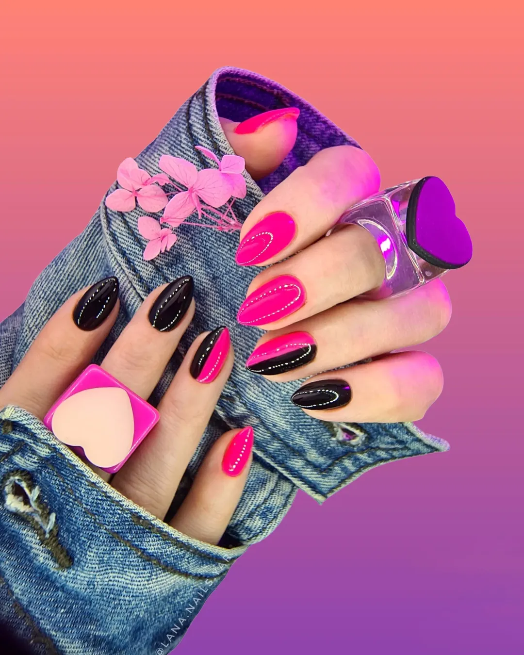 Vibrant Hot Pink and Black Alternating Almond Nails
