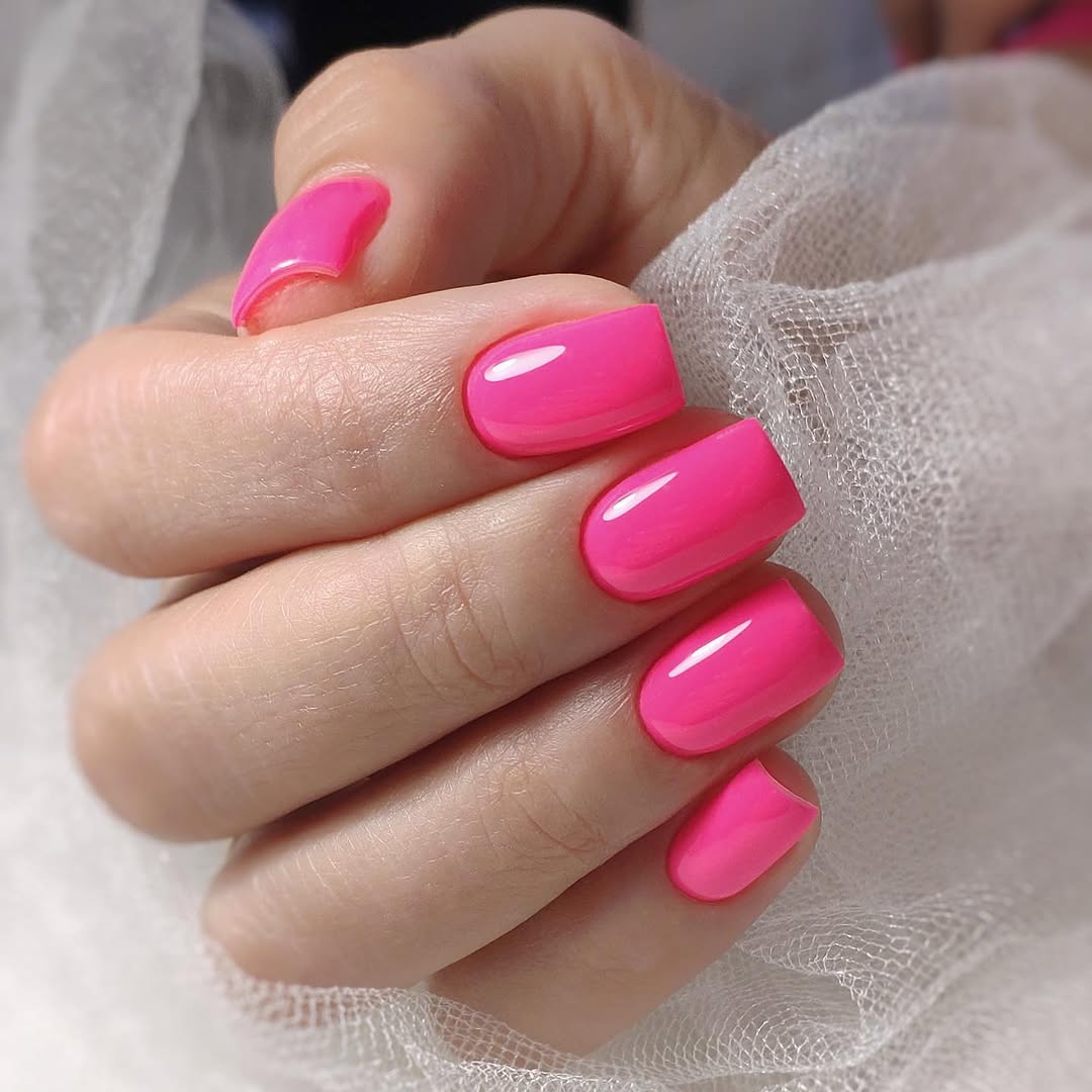 Vibrant Hot Pink Glossy Short Square Nails