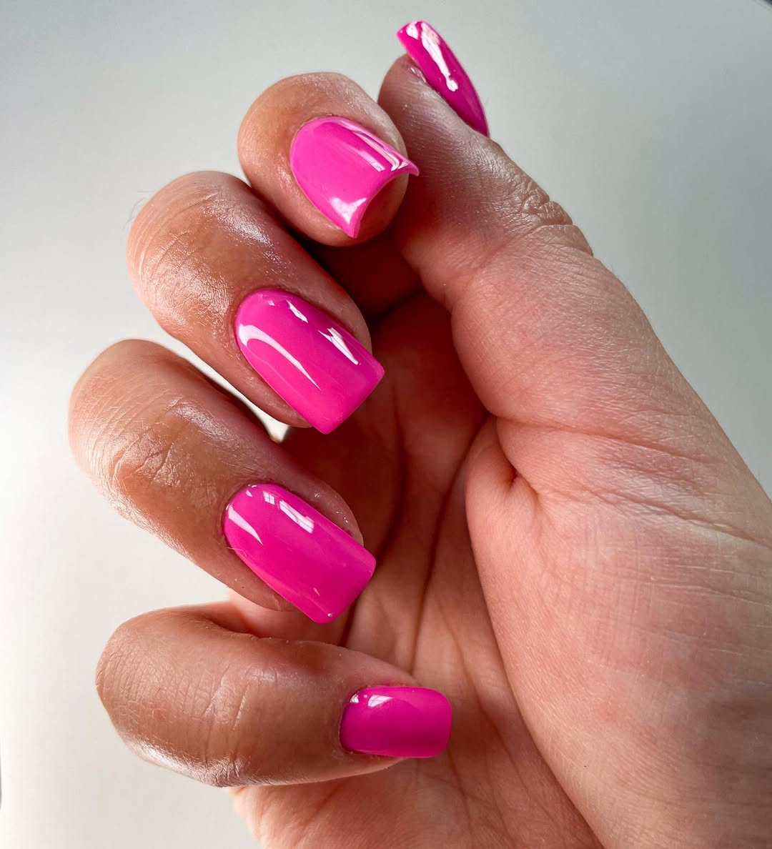 Vibrant Hot Pink Glossy Square Gel Nails