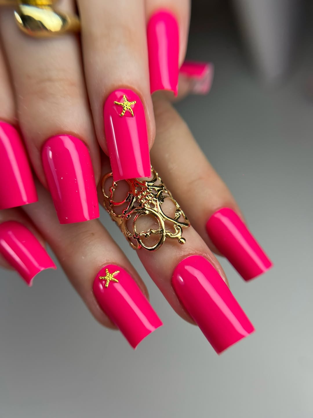 Vibrant Hot Pink Square Nails With Gold Starfish Charms