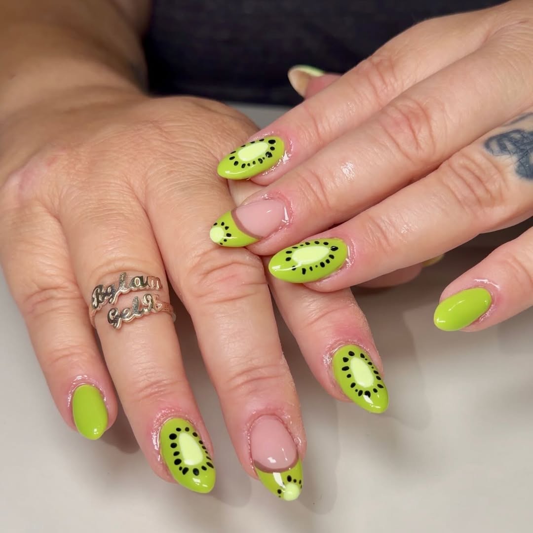Vibrant Kiwi Fruit Green Almond Nails