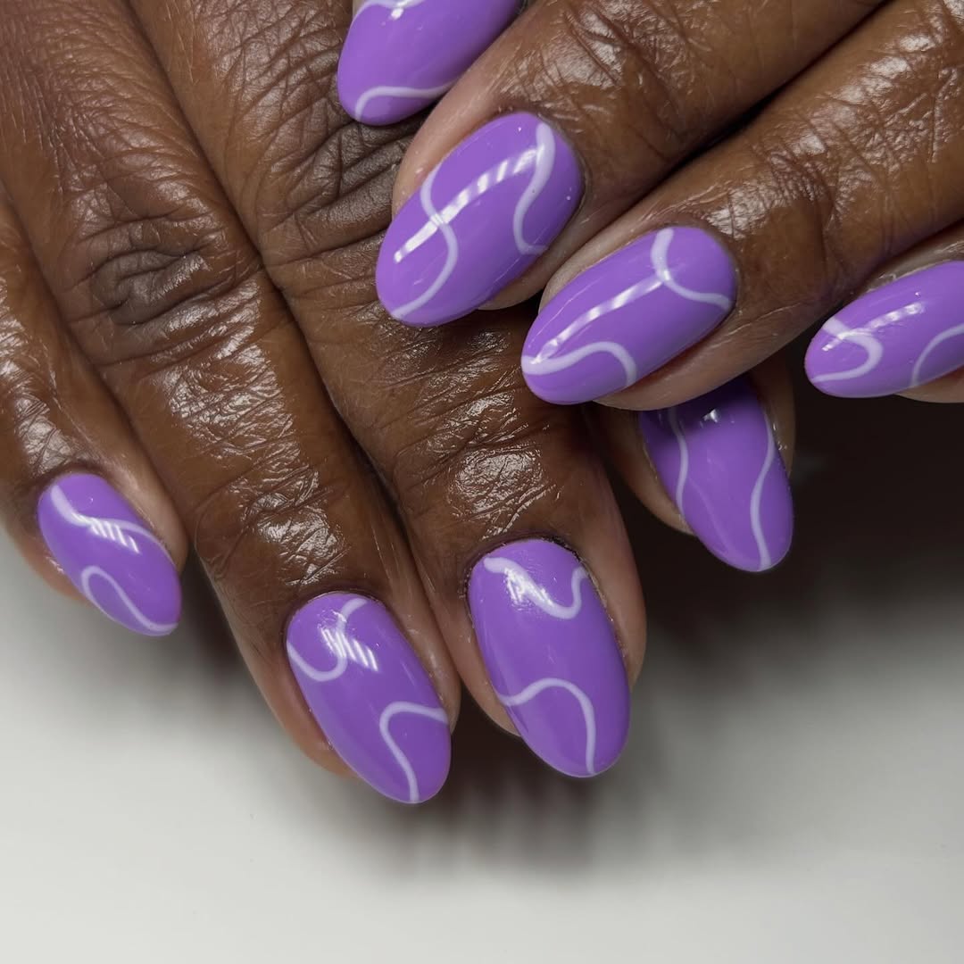 Vibrant Lavender Swirl Glossy Oval Nails