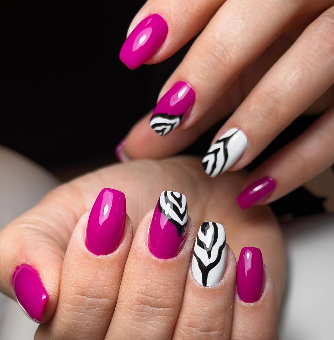 Vibrant Magenta Zebra Print Accent Nails