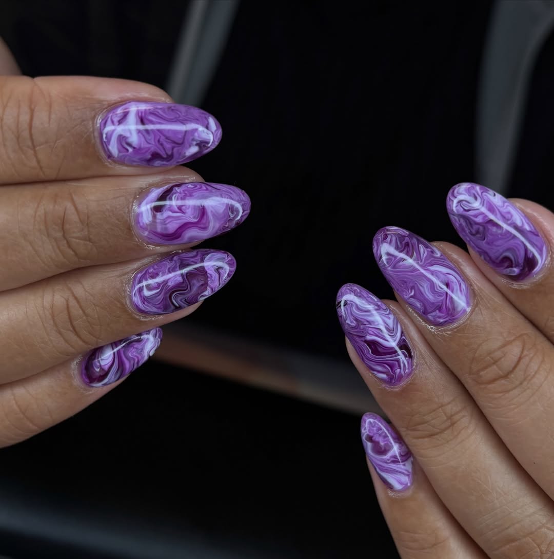 Vibrant Marble Purple Abstract Glossy Almond Nails